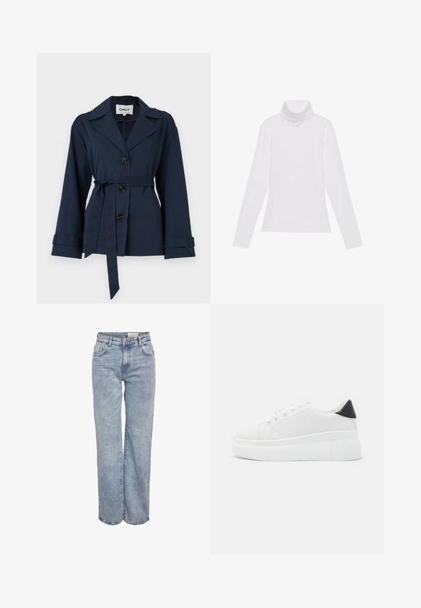 Jūras zila viegla jaka ar izdobi ap kaklu, pogu aizdari, jostu viduklī un garām piedurknēm. Iezīmē plecu epauleti un izšūtas detaļas.; Balts garie piedurknēm turtlenecks krekls, izgatavots no gludas, elastīgas auduma. Iezīmē augstu apkakli un pielāgotu dizainu, bez redzamām rakstainām vai rotājumiem.; Gaiši zili platlapu džinsi, izgatavoti no denima, ar augstu jostasvietu, piecu kabatu dizainu un vieglu nolietojuma efektu.; Baltas platforma kedas, izgatavotas no gludas sintētiskas vielas, ar noapaļotu purngalu, saites dizainu un teksturētu gumijas zoli. Melna papēža akcenta detaļa.