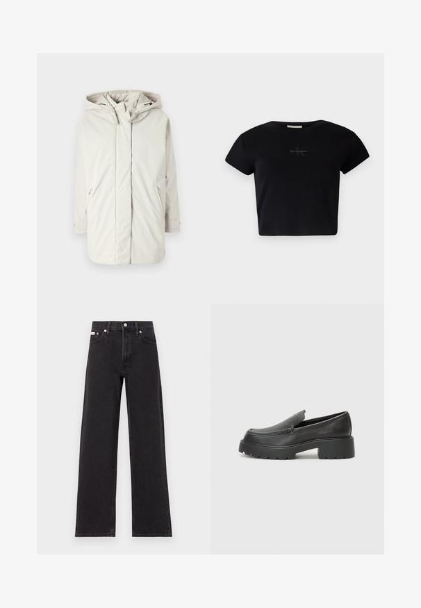 Ljust grå, huvtröja gjord av slät, vattenavvisande material; har fickor med dragkedja och justerbara ärmar. Enkel design, inga mönster.; Svart ribbad kortärmad crop top i mjukt material, med en subtil Calvin Klein-logotyp i mitten. Enkelt, klassiskt design.; Svarta vida jeans i denim med hög midja, fem fickor och metallknappstängning med kontrasterande sömmar.; Svarta läderloafers med rund tå, tjockt strukturerat såle och minimala sömnadsdetaljer. Snygg design utan synliga snören eller beslag.