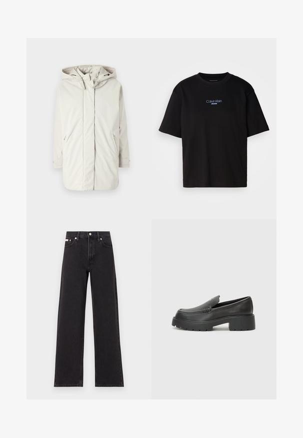 Giacca cappuccio grigio chiaro realizzata in materiale liscio e resistente all'acqua; presenta tasche con zip e polsini regolabili. Design semplice, senza motivi.; T-shirt nera in cotone con colletto rotondo, maniche corte e logo ricamato blu "Calvin Klein JEANS" sul davanti.; Jeans neri a gamba larga in denim, con vita alta, styling a cinque tasche e chiusura con bottone metallico e cuciture a contrasto.; Mocassini in pelle nera con punta arrotondata, suola spessa e testurizzata, e minime cuciture. Design elegante senza lacci o parti metalliche visibili.