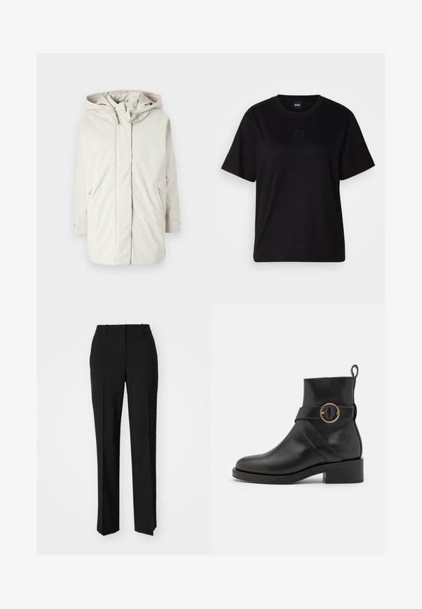 Chaqueta con capucha de color gris claro, fabricada en un material suave y resistente al agua; cuenta con bolsillos con cremallera y puños ajustables. Diseño simplista, sin patrones.; Camiseta de algodón negra con cuello redondo, mangas cortas y un logo bordado en el pecho. Ajuste simple y relajado sin patrones.; Pantalones negros ajustados con un diseño de pierna recta, que presentan una textura suave y pliegues nítidos en el frente. Sin herrajes visibles.; BOSS IRYNA BOOTIE - Botines con plataforma - black