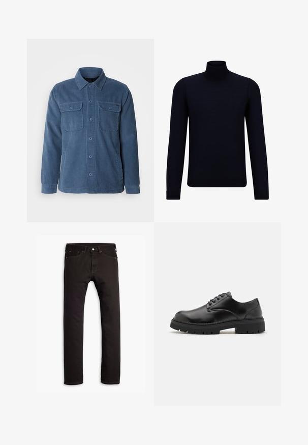 INDICODE JEANS Mezisezónní bunda - china blue; Tmavě modrý rolák vyrobený z jemného pleteného materiálu, s dlouhými rukávy a přiléhavým vysokým límcem. Bez viditelných vzorů nebo akcentů.; Černé slim-fit džíny s pěti kapsami a zapínáním na knoflík, vystavené v rovině na bílém pozadí.; Černé kožené boty s zaoblenou špičkou, šněrovacím designem a silnou, strukturovanou gumovou podrážkou. Vyznačují se prošíváním po okraji a hladkým povrchem.