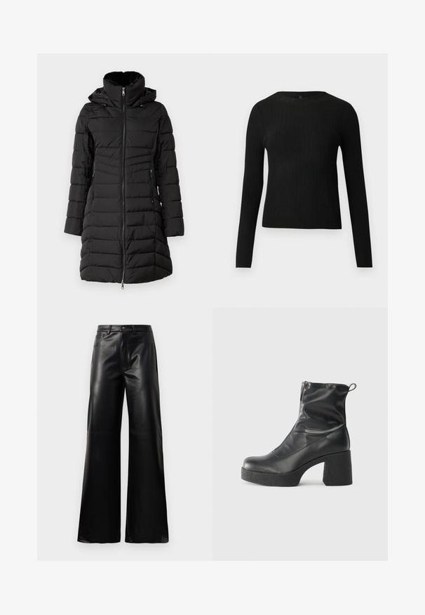 ONLY ONLHELEN PUFFER COAT - Žieminis paltas - black; Juoda dryžuota ilga rankovė prigludusi megztinis su apvalia iškirpte, pateiktas prieš paprastą šviesią fono.; Juodos aukšto juosmens plačios kojų dirbtinės odos kelnės su priekiniais mygtukais, užtrauktuku, diržo kilpomis ir šoninėmis kišenėmis ant balto fono.; Juodos kulkšninių botai, pagaminti iš lygaus odos, su šoniniu užtrauktuku, masyviu tekstūruotu kulnu ir apvaliu pirštu.