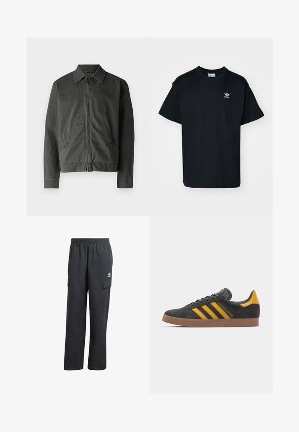 Hollister Co. THRIFTED WORKWEAR - Farmerdzseki - volcanic ash; Fekete pamut póló kerek nyakkal és rövid ujjal, bal melle részen egy kis fehér Adidas logóval.; Fekete cargo nadrág rugalmas derekkal, két oldalsó zsebbel és egy diszkrét logóval a bal combon. Könnyű anyagból készült.; Fekete velúrbőr sportcipő sárga díszítéssel, három csíkkal és barna gumitalppal. Párnázott nyelvével a kényelem érdekében.