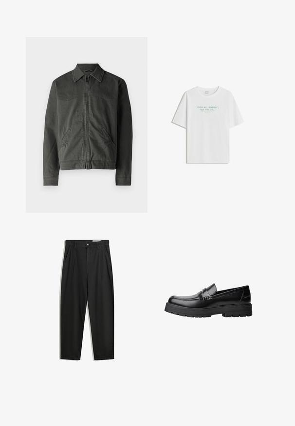 Hollister Co. THRIFTED WORKWEAR - Denimová bunda - volcanic ash; Biela bavlnená tričko s voľným strihom, okrúhlym výstrihom a svetlozeleným textom: "ČERSTVÝ VZDUCH, PLAYLIST, VOĽNÝ ČAS, a pod..." na prednej strane.; Čierne bavlnené nohavice s voľným strihom, s klasickým pásom, prednými záhybmi a bočnými vreckami. Hladká textúra bez vzorov.; Čierne kožené mokasíny s masívnou podrážkou a dekoratívnym pásom cez hornú časť, zobrazené z ľavého bočného profilu na bielom pozadí.