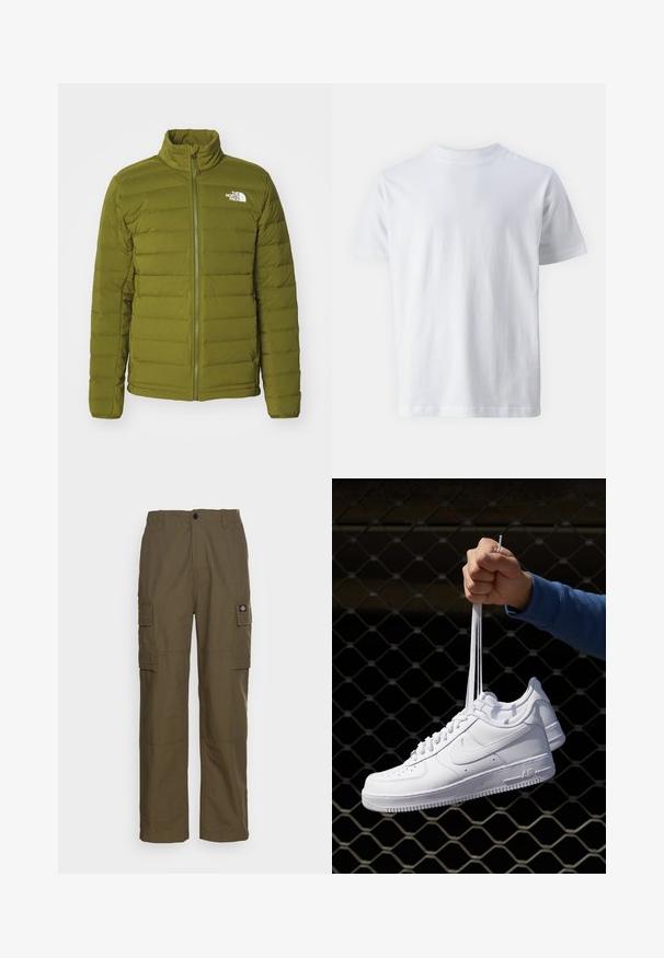 The North Face BELLEVIEW STRETCH DOWN JACKET - Bunda z prachového peří - forest olive; Bílá polo tričko s krátkým rukávem vyrobené z bavlny, s kulatým výstřihem a hladkou texturou, se rovnými liniemi a bez vzorů.; Cargo kalhoty v olivově zelené barvě, vyrobené z odolné tkaniny. Disponují dvěma bočními kapsami, standardním pasem a rovnými nohavicemi.; Bílé kožené tenisky s perforacemi, kulatou špičkou, plochou podrážkou a silnými tkaničkami, které mají viditelné logo swoosh a nápis "AIR" na patě.