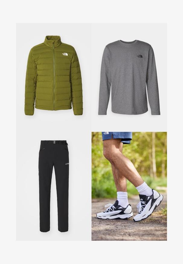 The North Face BELLEVIEW STRETCH DOWN JACKET - Gewatteerde jas - forest olive; The North Face M L/S SIMPLE DOME TEE - Longsleeve - medium grey heather; Zwarte outdoorbroeken van gladde stof, met zijzakken met rits, verstevigde knieën en een verstelbare tailleband met een gesp.; Zwart-witte sportschoenen met een mesh bovenkant, tekstuuraccenten en witte veters. Draag gedragen met witte enkelsokken en marineblauwe shorts op een pad.