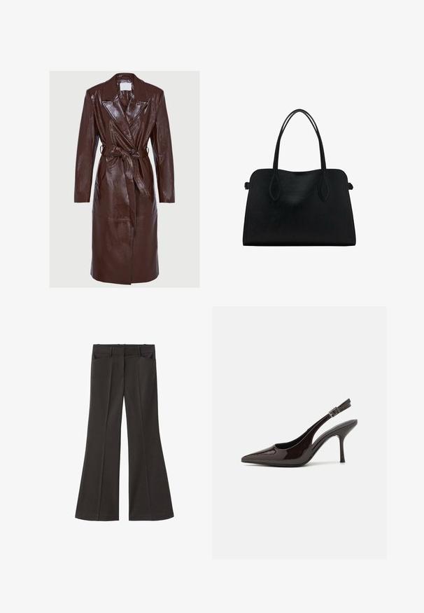 Długi, ciemnobrązowy, błyszczący płaszcz skórzany, z szerokimi klapami, długimi rękawami, zapięciem na guziki i pasującym paskiem zawiązanym w talii.; Brązowy sweter dziewiarski z okrągłym dekoltem, opadającymi ramionami i prążkowanymi mankietami. Miękka tekstura, krótki krój i luźny fason.; Czarne spodnie z szerokimi nogawkami i wysokim stanem; posiadają dwie przednie kieszenie oraz gładką teksturę materiału. Idealne na różne okazje.; Sandały na obcasie typu slingback z błyszczącej ciemno-brązowej lakierowanej skóry, w szpic, z otwartymi bokami i regulowanym paskiem wokół kostki.; Czarna skórzana torba na ramię z podwójnymi paskami, prostokątny kształt i minimalistyczny design na białym tle.