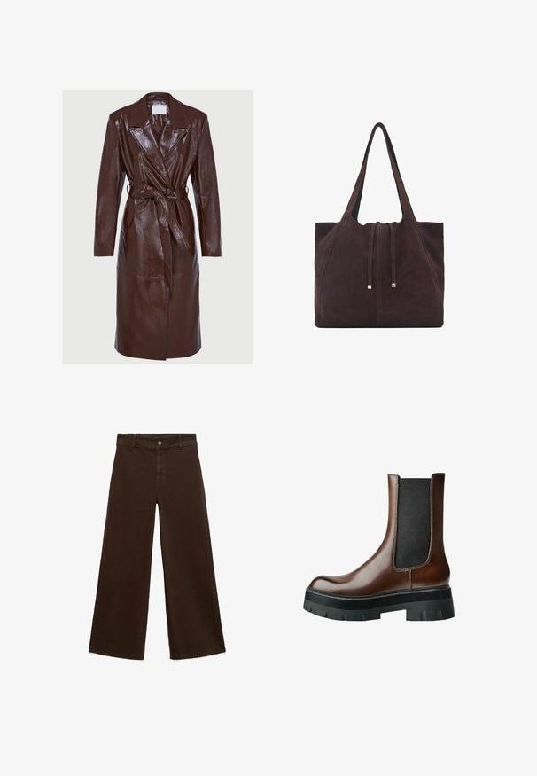 Long dark brown shiny leather trench coat with wide lapels, long sleeves, button closure, and matching belt tied at the waist.; Brown long-sleeve t-shirt with a round neckline and a smooth, stretchy cotton fabric; features a relaxed fit and simple design.; Brown wide-leg trousers in cotton blend, featuring a frayed hem, front button closure, and classic five-pocket design. Minimalistic and versatile.; Brown leather ankle boot with black elastic side panel and thick black rubber sole. Smooth texture with minimal stitching detail.; Mango Tote bag - dark brown