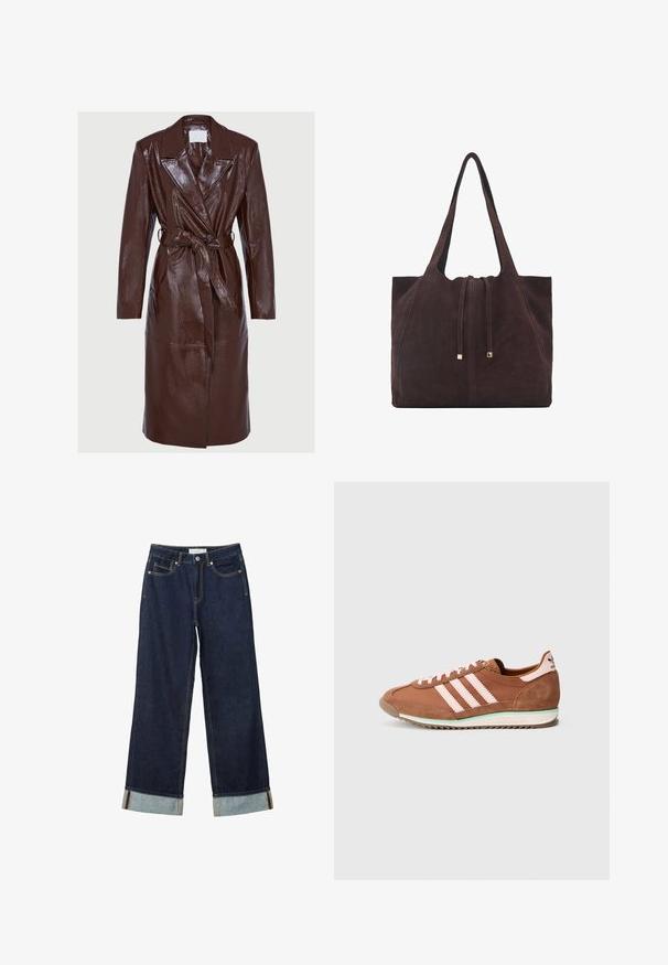 Dugi tamno smeđi sjajni kožna trench kaput s širokim klapnama, dugim rukavima, kopčanjem na dugme i odgovarajućim remenom zavezanom u struku.; Smeđi kratki rukav majica od mekog pamuka. Ima okrugli izrez i širok kroj, s glatkom teksturom i bez vidljivih uzoraka.; Tamno plave široke traperice viskog struka, s okrenutim rubovima, kontrastnim šavovima i dizajnom s pet džepova. Izrađene su od traper tkanine.; Smeđa i ružičasta Adidas tenisica s antilop detaljima, tri ružičaste pruge sa strane i bijelim đonom sa zelenim naglaskom.; Mango Velika torba - dark brown