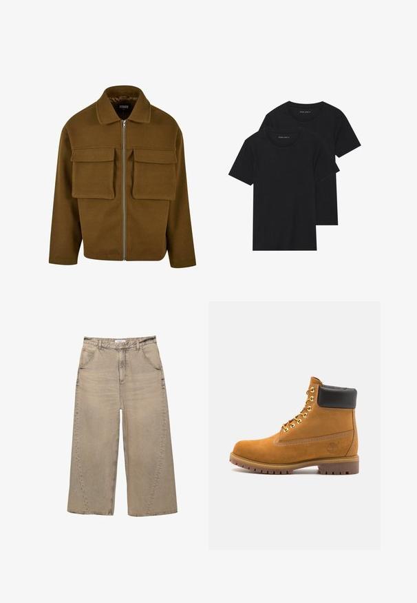 Barna zipzáras dzseki, texturált anyagból készült, gallérral, két mellzsebbel és egyenes aljú fazonnal.; Két fekete pamut póló, rövid ujjú, kerek nyakkivágással és sima textúrával, egymásra rakva bemutatva.; PULL&BEAR MEGA BAGGY - Túlméretezett farmernadrág - light grey; Barna velúr bokacipő fekete párnázott gallérral, arany fém fűzőlyukakkal, fehér varrási részletekkel és durva gumitalppal, amelynek kifejezett barázdái vannak.