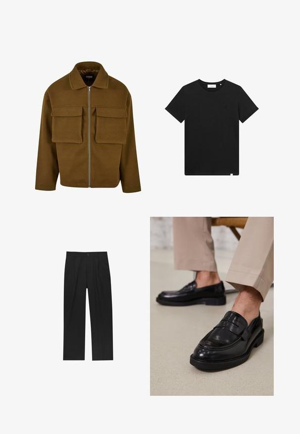 Barna zipzáras dzseki, texturált anyagból készült, gallérral, két mellzsebbel és egyenes aljú fazonnal.; Fekete rövid ujjú pamut póló, kerek nyakkal és egy kis géppel hímzett logóval a mellrészen. Sima tapintás, szabványos illeszkedés.; Fekete nadrág egyenes szárú kialakítással, sima anyagból készült. Elöl redők és egy gombos záródás található a derékon.; Fekete bőr loaferek sima felülettel, díszítő pánttal és kontrasztos varrással, bézs nadrággal párosítva.