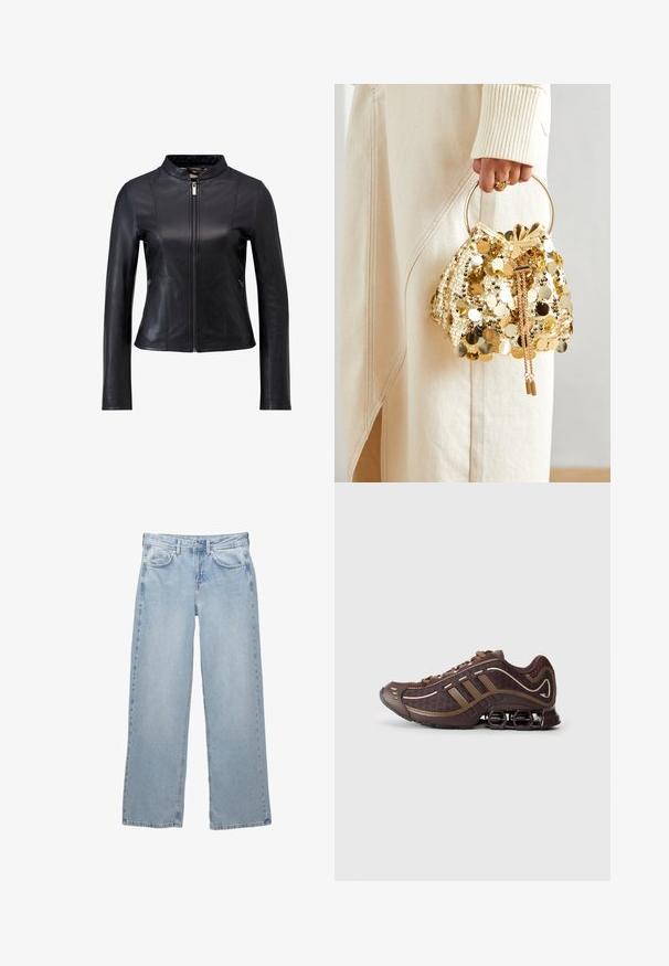 Zwarte leren jas met een hoge kraag, aansluitend ontwerp, horizontale naden en twee ritszakken aan de zijkant. Gladde textuur en gestroomlijnd silhouet.; Zwarte longsleeve top van zacht materiaal, met een gedrapeerd ontwerp en een kruislings front en een boot halslijn. Soepele textuur, cropped lengte.; Lichtblauwe denim jeans met een wijdere pijpdesign, voorzien van een knoop- en ritsluiting, vijf zakken en minimale stikseldetails.; Bruin sportschoen met bovenkant van mesh en synthetisch materiaal, voorzien van drie strepen, gedetailleerde stiksels, tochtige zool en kenmerkende veerkrachtige hak.; Gouden pailletten trekkoord handtas met een ronde handgreep, versierd met glanzende ronde pailletten en een gemêleerde stof. Afmetingen zijn niet opgegeven.