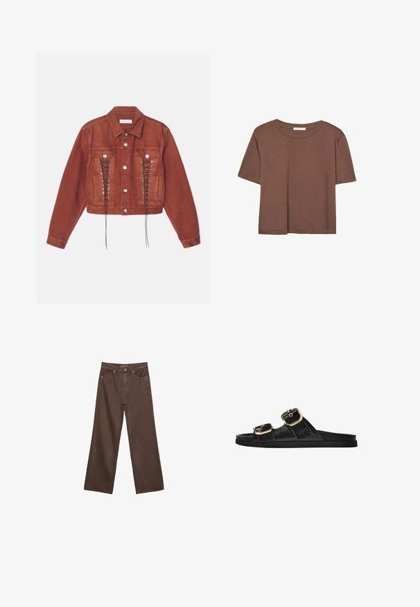 Rostfärgad kort denimjacka med framfickor, silverknappar och snörningsdetaljer längs sidorna för extra struktur och design.; Brun kortärmad t-shirt i mjukt tyg, med rund halsringning och avslappnad passform. Inga synliga mönster eller detaljer.; Breda bruna jeans i denim med hög midja, framfickor och klassisk knäppning. Slät textur med subtil sömnad.; Svart glidsandal med två guldfärgad spännen, slät textur av material, platt sula och en minimalistisk design.