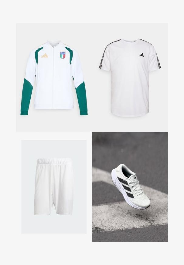 Vit sportjacka med gröna inslag och gulddetaljer. Har dragkedja, långa ärmar och en "ITALIA"-emblem på bröstet.; Vit t-shirt i bomull med rundad halsringning, korta ärmar och svarta tre-randiga detaljer på axlarna; har en liten svart logotyp.; Vita atletiska shorts i lätt tyg, med elastisk midja, slät yta och knälång längd.; Vitt sportskor med strukturerad mesh-överkant, svarta ränder, snörning och en dämpad sula, svävande över en markerad väg.