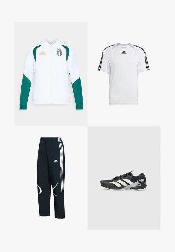 Bela športna jakna z zelenimi poudarki in zlatimi detajli. Ima zadrgo, dolge rokave in emblem "ITALIA" na prsih.; Bela kratka športna majica z črnimi Adidas tremi črtami na ramenih, izdelana iz gladkega, lahkega materiala.; Črne trenirke z belimi črtami in logotipom, z ohlapnim krojem, elastičnim pasom in ukrivljenimi belimi vzorci ob straneh.; Črne atletske čevlje z belimi črtami, mrežastim zgornjim delom, zaobljenim nosom in blaženim podplatom. Imajo teksturiran petni del in varen sistem vezalk.