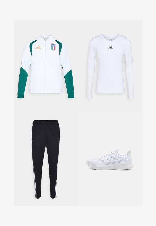 Chaqueta deportiva blanca con detalles en verde y oro. Cuenta con cierre de cremallera, mangas largas y emblema "ITALIA" en el pecho.; Camiseta deportiva de manga larga blanca, fabricada con material suave, que presenta un logo negro de Adidas en el pecho; diseño de cuello en V y forma ajustada.; Pantalones deportivos negros con un ajuste relajado, que cuentan con franjas laterales blancas, una cintura con cordón y dos bolsillos laterales. Hechos de tela suave.; Zapatillas deportivas blancas con una parte superior de malla texturizada, suela acolchada y soporte, y un diseño de tres rayas en el lateral.