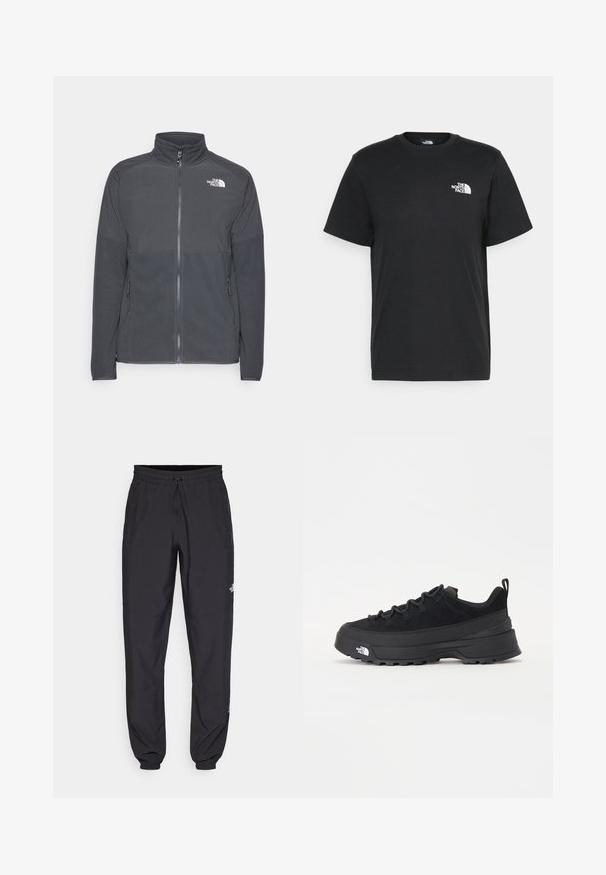 Temno siva flis jakna z visokim ovratnikom, celotnim sprednjim zadrgom, teksturiranim zgornjim delom, stranskimi žepi in belim logotipom na prsih.; Črna bombažna majica s kratkimi rokavi, okroglim izrezom in majhnim belim logotipom na levem prsnem delu. Preprost dizajn, gladka tekstura in sproščen kroj.; Črne atletske hlače iz lahkega materiala, ki imajo elastični pas z vezalko, stranske žepe in zožene manšete na gležnjih.; Črne zunanje teniske s zgornjim delom iz usnja z nubukom, teksturiranim gumijastim podplatom in trdnim vezalnim sistemom. Imajo ojačan petni del in logotip blagovne znamke na strani.