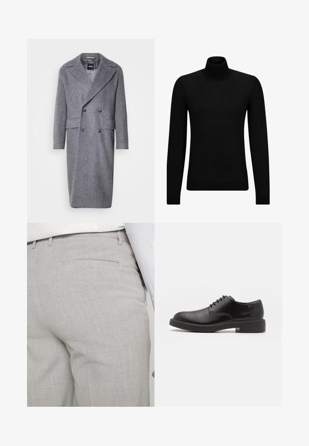 Sivý herringbone kabát s veľkým golierom, dvojradovým zapínaním a dvoma prednými vreckami. Vyrobený z textúrovaného, teplého materiálu.; Čierny rolák vyrobený z jemného materiálu, s dlhými rukávmi a tesným strihom. Hranatý lem a manžety s ribbed úpravou. Jednoduchý dizajn.; Svetlosivé nohavice na mieru vyrobené zo štruktúrovanej látky, s jedným zadným vreckom a čistým prešívaním.; Čierne kožené šnurovacie topánky s okrúhlou špičkou, hladkým povrchom, minimálnym prešívaním a nízkym gumovým podpätkom. Logo na podpätku.