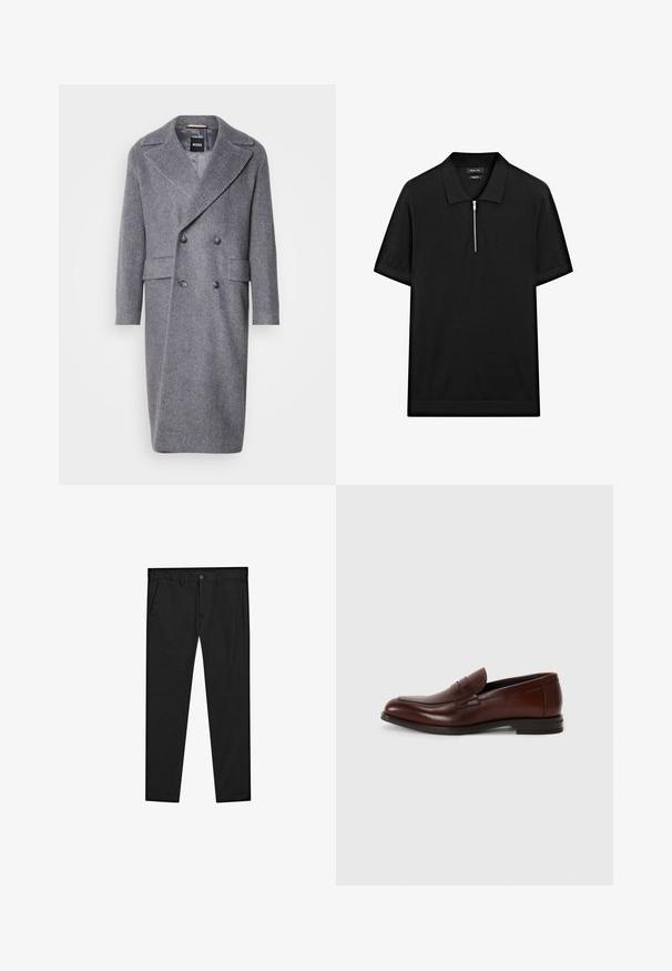 Cappotto grigio a spina di pesce con ampio rever, design doppiopetto e due tasche frontali. Realizzato in un tessuto texturizzato e caldo.; Polo shirt nero a maniche corte con colletto rialzato e zip frontale. Realizzato in un tessuto liscio con un design pulito e minimalista.; Chinos neri con design a gamba dritta, realizzati in tessuto morbido. Presentano una chiusura con bottone, passanti per cintura e tasche laterali. Texture liscia.; Mocassini in pelle marrone con punta arrotondata, dettagli in fascia frontale e tacco basso impilato. Texture liscia con pochi decorazioni.