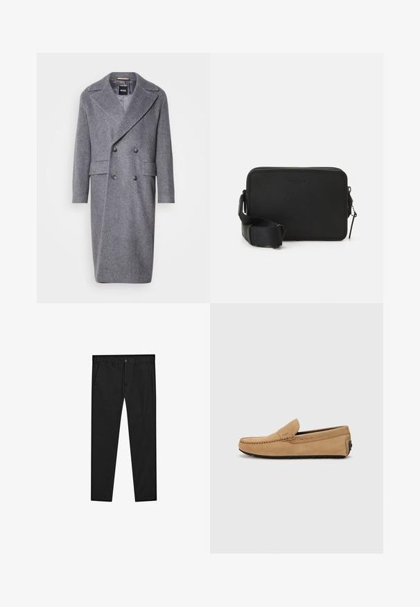 Grå herringbone-overrock med en stor slagkrage, dubbelknäppt design och två framfickor. Tillverkad av strukturerad, varm tyg.; Svart kortärmad pikétröja med ståkrage och frontdragkedja. Tillverkad av ett mjukt tyg med en ren, minimalistisk design.; Svarta chinos med rak passform, tillverkade av mjukt material. Har knappstängning, bältesloopar och sidofickor. Slät yta.; Beige mockasiner i mocka med sydd tå, slip-on design och svart gummisula. Har subtil varumärkning på sidan.; Svart läder crossbody-väska med strukturerad yta, rektangulär form, dragkedjestängning upptill och justerbar rem. Har subtila profiler.