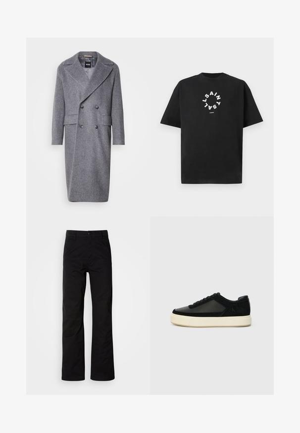 Grijze visgraat-overcoat met een grote revers, dubbele sluiting en twee voorzakken. Gemaakt van een gestructureerde, warme stof.; Zwarte katoenen t-shirt met korte mouwen. Heeft witte tekst die in een cirkelvormig patroon is gerangschikt en de tekst "SAINT LAURENT LONDON" vermeldt.; Zwarte katoenen broek met een recht design, voorzien van een knoopsluiting en riemlussen. Gladde textuur en minimalistische stijl zonder zichtbare patronen.; Zwarte sneaker met een combinatie van leer en suede, ronde neus, tonale veters en een stevige witte rubberen zool. Subtiele merklachting aan de zijkant.
