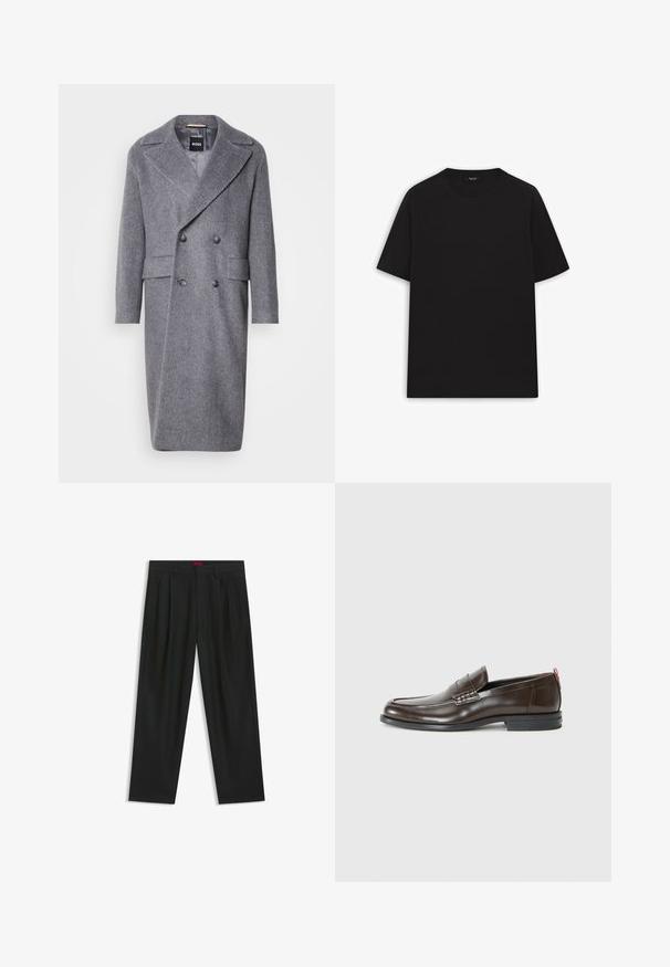 Grå hørfrakke med stort revers, dobbeltradet design og to forlommer. Lavet af struktureret, varmt stof.; Sort bomulds t-shirt med korte ærmer, rund halsudskæring og en ensartet tekstur. Ingen synlige mønstre eller hardware-detaljer.; Sorte bukser med plisseret design, bred benform og en glat tekstur. Har et rødt taljetag.; Brune læderloafers med en glat finish, rund tå, dekorativ syning og en kontrasterende rød accent på hælen. Gummisål.