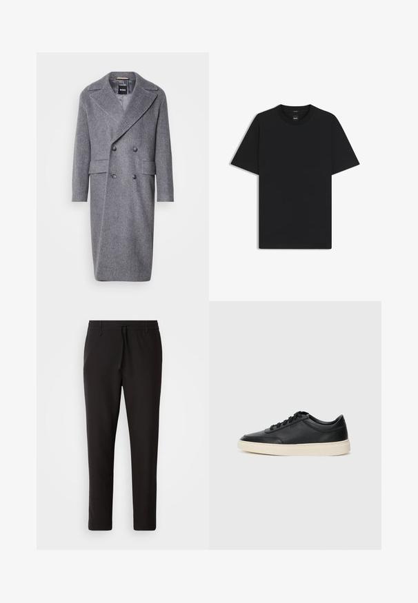 Cappotto grigio a spina di pesce con ampio rever, design doppiopetto e due tasche frontali. Realizzato in un tessuto texturizzato e caldo.; Maglietta nera a maniche corte realizzata in un morbido misto cotone, con scollatura a girocollo e un design minimalista senza motivi o dettagli.; Pantaloni jogger neri realizzati in tessuto liscio. Presentano una vita elasticizzata con stringa, gambe affusolate e senza tasche visibili. Design semplice.; Sneaker in pelle nera a basso profilo con lacci neri e suola avorio, mostrato di profilo su sfondo bianco.