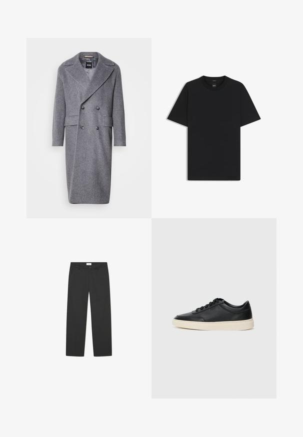 Grå hørfrakke med stort revers, dobbeltradet design og to forlommer. Lavet af struktureret, varmt stof.; Sort kortærmet T-shirt lavet af en glat bomuldsblanding, med en rund halsudskæring og et minimalistisk design uden mønstre eller accenter.; Sorte bukser lavet af letvægtigt stof. Har et lige ben-design med flad front, sidelommer og en diskret elastisk talje.; Sort lavt top lædersneaker med sorte snørebånd og off-white sål vist i sideprofil på hvid baggrund.