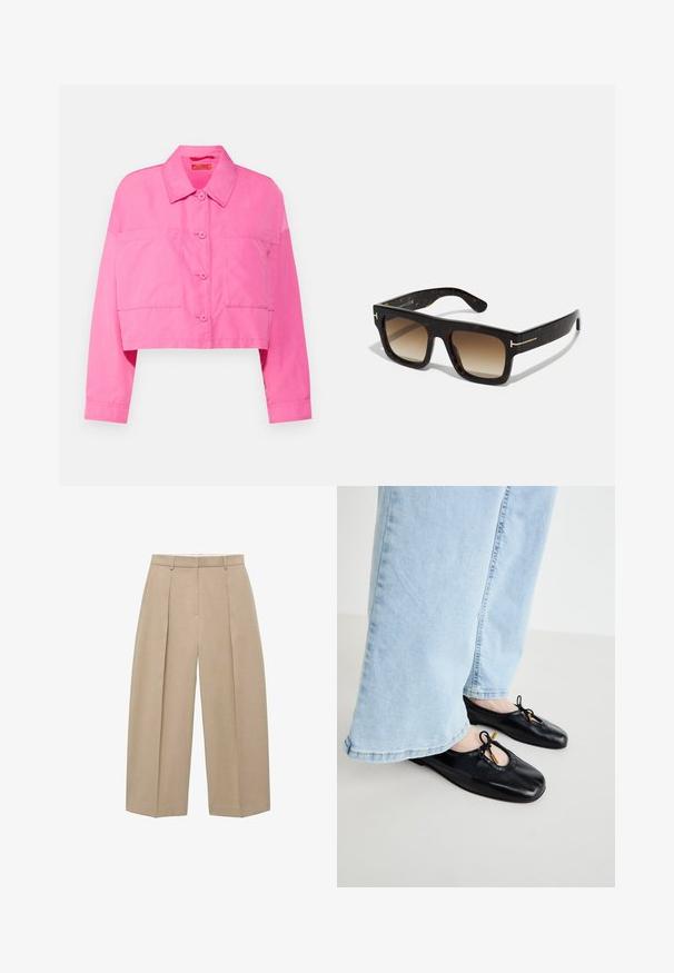 Kratka roza jakna iz mešanice bombaža, z označenim ovratnikom, dvema žepoma na prsih in gumbnim zapiranjem z usklajenimi gumbi.; Svijetloplava košulja na dugih rukava od pamuka, s oštrim kragnom i malim izvezenim logom na lijevoj strani grudi.; Bežične široke hlače, ki visijo navpično, z zloženimi prednjimi delom in ravnim pasom, prikazujo nevtralen in eleganten slog.; Črne usnjene balerinke s zaobljenim prstom, ki imajo izrezan del in detalj z mašno, nosene z svetlo modrimi širokimi hlačami.; Okularji iz želvovinaste plastike s kvadratnim okvirjem, gradientnimi rjavimi lečami in diskretno zlatimi dodatki na templjih.
