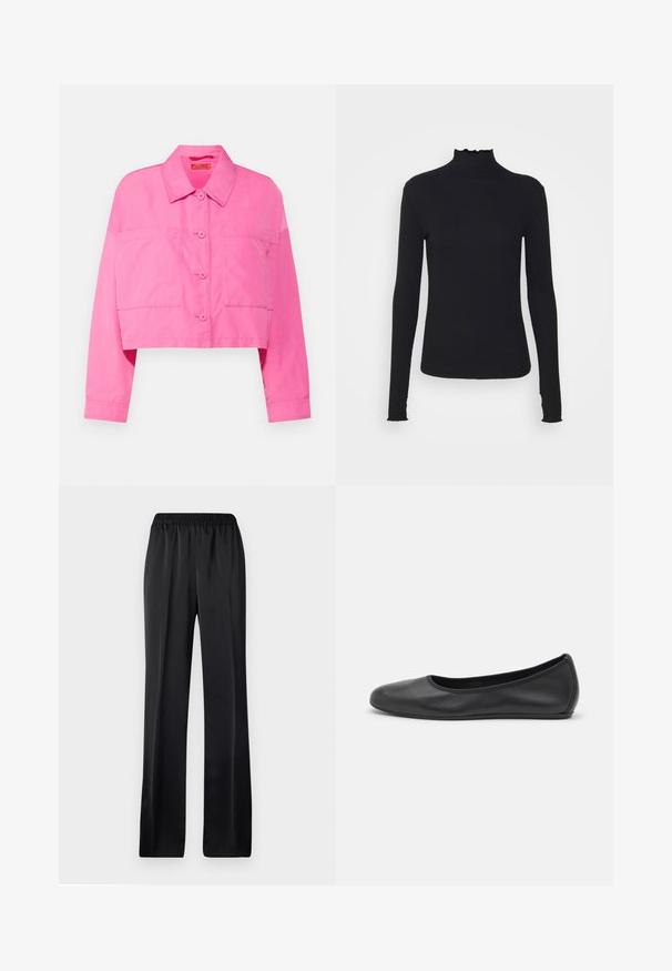 Beskjært rosa jakke laget av bomullsblandingsstoff, med spiss krage, to brystlommer og knappestengning med matchende knapper.; Svart langermet genser med høy hals laget av glatt stoff, med volangkant ved halsen og kroppsnær silhuett med enkle kanter.; Sorte, vide bukser med elastisk talje. Laget av et glatt, lett stoff, med rette ben og uten synlige mønstre.; Svart skinnballettflatt med rund tå, glatt tekstur, minimal sømdetalj, og et fleksibelt såledesign.