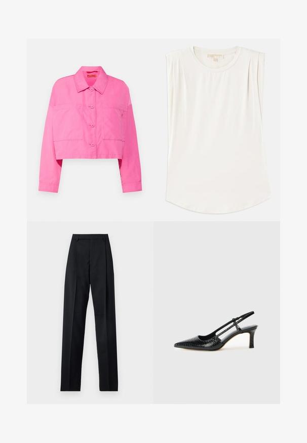 Klippet pink jakke lavet af en bomuldsblandet stof, med spids krave, to brystlommer og knaplukning med matchende knapper.; Hvid ærmeløs top lavet af glat stof, med en rund hals og subtile plisseringer på skuldrene, samt en buet kant.; Sorte bukser lavet af glat stof, der har høj talje, brede ben, frontfolder og klassiske bælteløkker. Ingen synlige sidelommer.; Sorte patent slingback hæl med spids tå, prydet med tekstureret slangeskindsmønster, justerbar rem og en kort, tekstureret blokhæl.