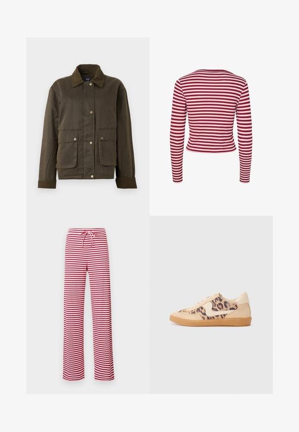 Tmavě olivově zelená bunda s kordovým límcem a manžetami, předními druky a dvěma velkými kapsami s klopami.; Pieces PCLAYA - Kardigan - goji berry; Bílý top s odhalenými rameny, s volánkovými detaily, nařasenou texturou a elastickým pasem. Vyrobeno z měkké bavlněné tkaniny.; Červenobílé pruhované volné kalhoty s šňůrkou v pase a žebrovanou texturou. Design rovného střihu sahá po kotníky.; Tenisky s leopardím vzorem, s béžovým semišovým svrškem, hnědou gumovou podrážkou a bílými akcenty. Kulatý špička a šněrovací design s texturovaným povrchem.