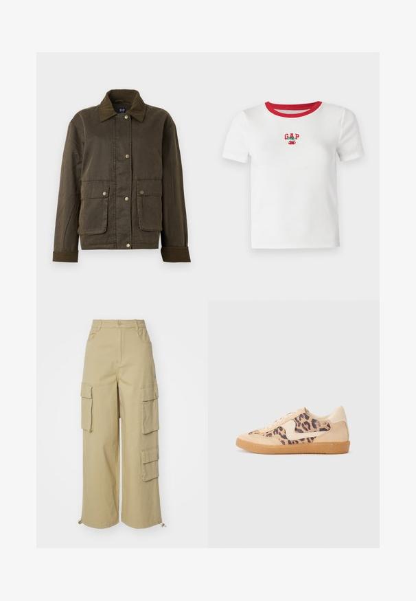 Temno olivno-zelena jakna s kordurojnim ovratnikom in manšetami, sprednjimi gumbnimi zapirali in dvema velikima žepoma z zavihkom.; Bela kratkodlaka majica s crvenim rebrastim ovratnikom, sa vezom "GAP" i dizajnom trešnje na prednjem dijelu. Napravljena od rebrastog materijala.; Bež hlače cargo z širokimi nogami, dvema velikima stranskima žepoma, sprednjima žepoma in detajlom s ponjavico na robu. Mešanica bombaža.; Teniske s leopardjim vzorom z zgornjim delom iz bež semiša, rjavim gumijastim podplatom in belimi detajli. Okrogla konica in vezenje z vezalkami ter teksturirana površina.