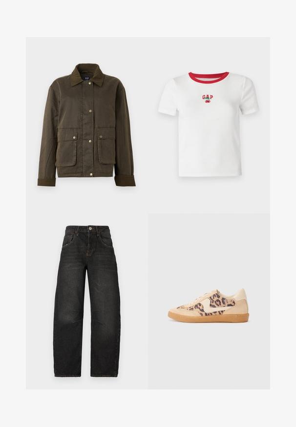 Tumši olīvu zaļš džemperis ar korduroja apkakli un piedurknēm, priekšējiem pogām ar spiedpogām un divām lielām kabatām ar atloku.; Balta īsām piedurknēm T-krekls ar sarkanu ribotu apkakli, ar izšūtu "GAP" tekstu un ķirša dizainu priekšā. Izgatavots no ribota auduma.; Melnas denima džinsi ar taisnu kāju dizainu, piecām kabatām, redzamām šuvēm un priekšējo pogu aizdari. Strukturēta auduma ar nelielu izbalēšanu.; Leoparda drukas kedas ar beidzējo zamša virsu, brūnu gumijas zoli un baltām akcenta detaļām. Apļveida purngals un auklu aizdare ar strukturētu virsmu.