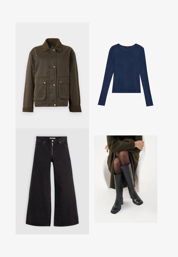 Mørk olivengrønn jakke med kordfløyelskrage og mansjetter, frontknapper med trykknapper og to store klaffelommer.; Marineblå langermet topp i myk stoff, har rund halslinning og flate sømmer langs ermene, med en avslappet passform.; Vide benbukser i sort denim med glidelås i front, fem-lomme design og subtile sømdetaljer. Glatt tekstur og avslappet stil.; Knæhøye sorte lærstøvler med firkantet tå og blokkhelt, vist med en modell som sitter iført en olivengrønn kåpe. Glatt tekstur, minimal detaljering.