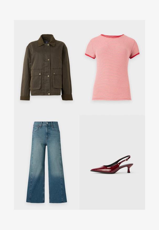 Tamsiai alyvuogių žalia striukė su velveto apykakle ir rankovėmis, priekiniai snap mygtukai ir dvi didelės kišenės su užklotais.; Raudonai ir baltai dryžuota trumpomis rankovėmis marškinėliai su apvaliu iškirpimu ir kontrastingais raudonais apvadu ant rankovių bei apykaklės, pagaminti iš krumpliuočių audinio.; Plačios kojos džinsai vidutinio mėlynumo plovime, su gradientiniu efektu nuo tamsesnio prie šviesesnio. Pagaminti iš džinsinio audinio su tradiciniu penkių kišenių dizainu.; Burgundiško lakuoto odos slingback kulniukai su smailiu smailiu ir elegantišku stiletto kulnu. Atvira nugaros konstrukcija su reguliuojamu kulkšnies dirželiu.