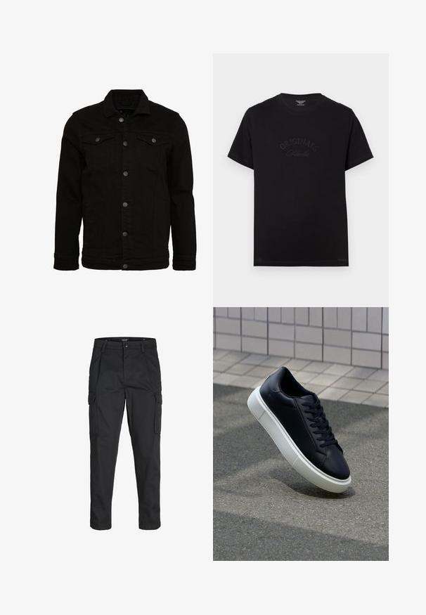 Černá džínsová bunda s klasickým designem, vybavená knoflíkovým zapínáním, dvěma náprsními kapsami a mírně strukturovaným povrchem.; Černé bavlněné tričko s krátkým rukávem a kulatým výstřihem. Na přední straně je vystouplý nápis "ORIGINALS Studio" v tonálním písmu.; Černé cargo kalhoty vyrobené z odolné tkaniny, s mnoha kapsami, knoflíkovým zapínáním a slim fit střihem se zúženými nohavicemi.; Černé kožené tenisky s kulatou špičkou a bílou gumovou podrážkou. mají ploché tkaničky a minimální šití na svršku. Texturovaná podrážka pro lepší přilnavost.