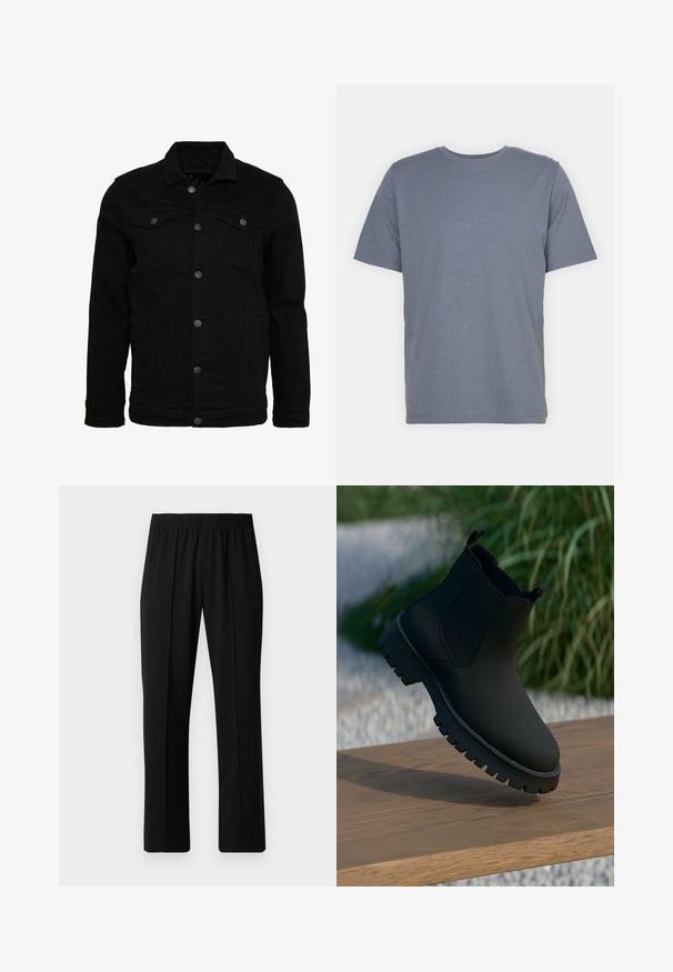 Jachetă din denim negru cu un design clasic, având închideri cu nasturi, două buzunare pe piept și o suprafață ușor texturată.; Tricou gri cu mânecă scurtă, cu guler rotund, confecționat dintr-un material moale din amestec de bumbac. Design simplu, fără modele sau accente.; Pantaloni negri cu talie elastică, cu un design cu picioare drepte, având o textură netedă și fără modele sau accesorii vizibile.; Botine negre cu un finisaj neted, panouri laterale elastice și o talpă groasă, robustă. Așezate pe un fundal natural, pe o suprafață din lemn.