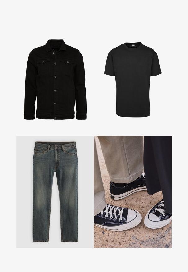 Črna denim jakna klasičnega dizajna, z gumbnimi zapiranji, dvema žepoma na prsih in rahlo strukturirano površino.; Črna bombažna majica s krožno odprtino, kratkimi rokavi in ravnim robom. Gladka tekstura; preprost, nezakrit dizajn.; Modri jeans z ravnimi hlačnicami, ki imajo klasičen pet-pocket stil, poudarjene šive in rahlo zbledel videz.; Črne platnene superge z belimi gumijastimi kapicami in vezalkami. Kontrastno šivanje in kovinski ježki dodajajo detajle. Obute z bež hlačami in črno tkanino.
