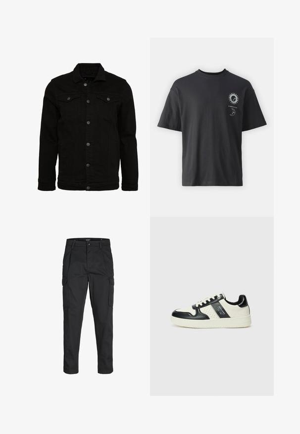 Crna traper jakna klasičnog dizajna, sa dugmadi za zatvaranje, dva džepa na grudima i blago teksturiranom površinom.; Crna pamučna majica kratkih rukava, okruglog izreza, s grafikom sunca i mjeseca na prednjoj strani, uz tekst "Le Soleil et La Lune."; Crne cargo hlače izrađene od čvrstog materijala, s brojnim džepovima, kopčanjem na gumb i dizajnom koji pomaže da se prilagode tijelu sa suženim nogavicama.; Kožne tenisice s crno-bijelom paletom boja, koje imaju perforirane akcentne detalje, podstavljeni ovratnik i teksturiranu potplat.