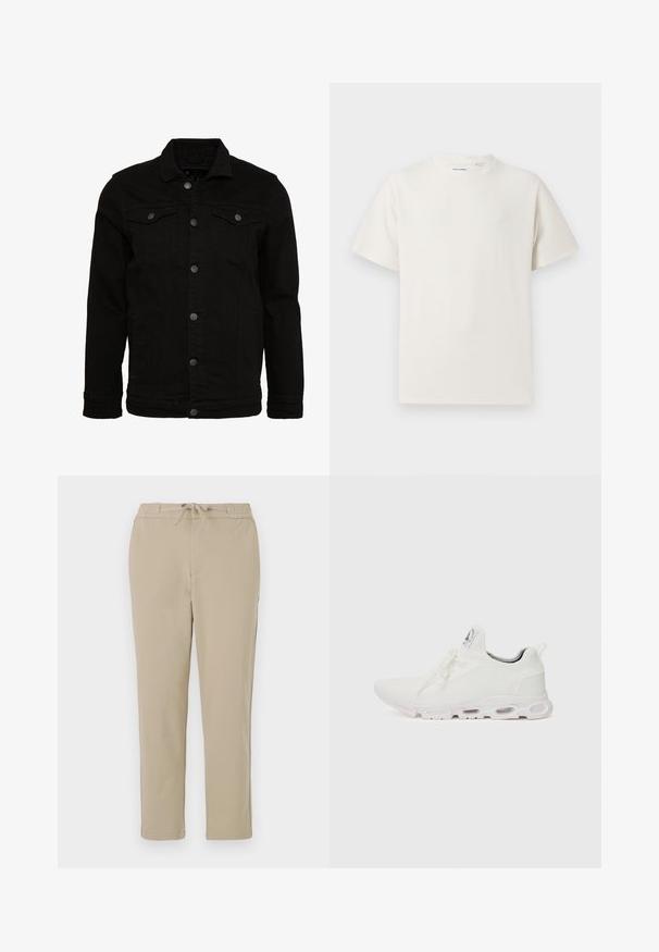 Casaco de denim preto com um design clássico, apresentando fechos de botão, dois bolsos no peito e uma superfície ligeiramente texturizada.; T-shirt branco de manga curta em textura canelada. Gola redonda, ajuste descontraído, sem padrões ou detalhes visíveis. Design simples e versátil.; Calças de lounge bege com cintura elástica e cordão, apresentando um design de perna reta e uma textura suave e macia.; Ténis atléticos brancos com um superior em malha texturizada, atacadores planos e uma sola acolchoada com câmaras de ar visíveis para maior suporte.