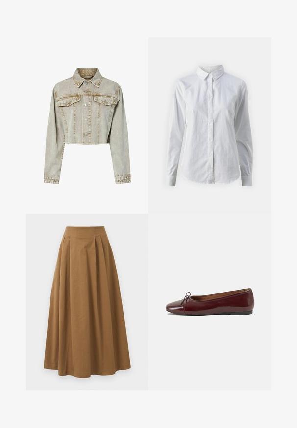 Chaqueta de mezclilla cortada en beige claro, con cuello tipo solapa, cierre frontal de buttons, dos bolsillos en el pecho y tejido texturizado.; Camisa blanca de botones hecha de algodón suave, con un cuello clásico, mangas largas y un dobladillo curvado. Los botones son pequeños y blancos.; Falda de algodón marrón en corte A con una cintura alta, que presenta plisados en la parte frontal y una textura suave. Los acabados del dobladillo son limpios y simples.; Bailarina de charol burdeos con punta redonda, pequeño lazo en la parte frontal y una suela baja de goma negra. Textura suave.