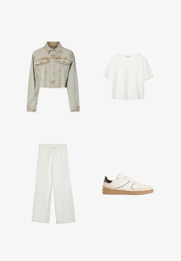 Afskåret denimjakke i lys beige med Krave, frontlukning med knapper, to brystlommer og tekstureret stof.; Hvid kortærmet t-shirt lavet af bomuld. Har en rund halsudskæring og en afslappet pasform. Glat tekstur uden synlige mønstre eller detaljer.; Hvide bukser med bred ejer lavet af blødt stof. Har en elastisk talje med snor og en glat tekstur. Ingen synlige mønstre eller hardware.; Stradivarius Sneakers - white