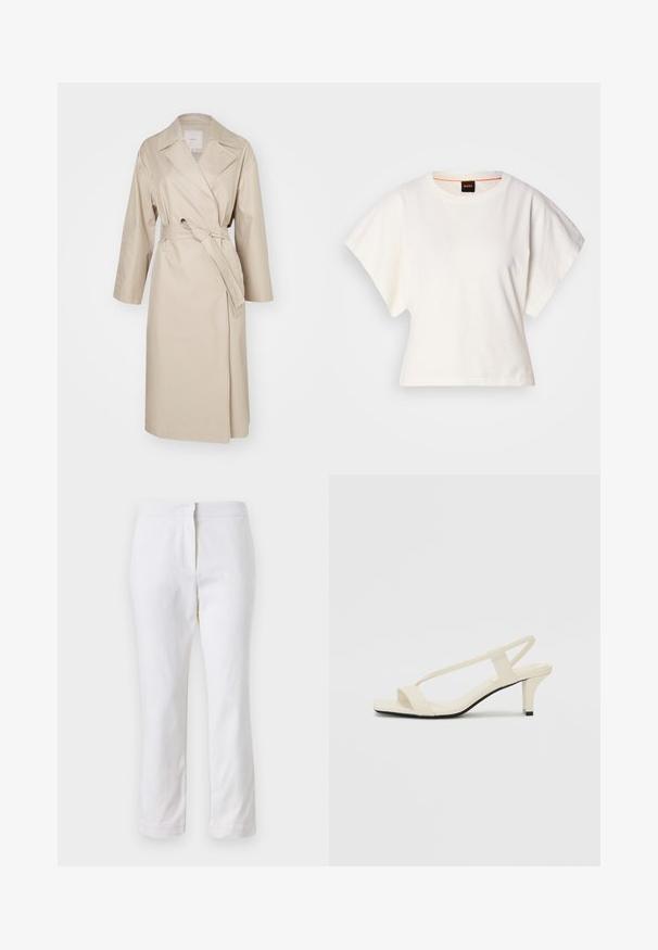 Cămașă bej dintr-un material ușor, cu guler tip rever, talie cu curea și mâneci până la trei sferturi. Design simplu, fără modele.; Tricou alb scurt, cu mâneci scurte și largi, din bumbac moale, cu decolteu rotund și un finisaj subtil portocaliu, design minimalist, fără modele sau grafice.; Pantaloni din bumbac alb, cu un design drept, având talie medie și fără hardware sau modele vizibile. Textură uniformă pe întreaga suprafață.; Sandale bej cu toc bloc, cu bretele subțiri și vârf pătrat. Material neted cu detalii minime, concepute pentru a fi ușor de purtat.