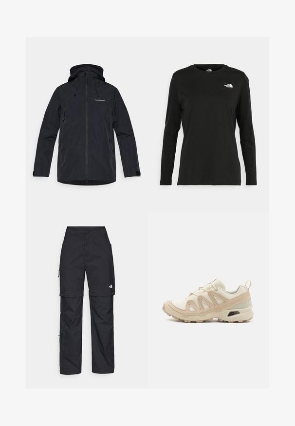 Veste imperméable noire avec capuche, dotée d'une fermeture éclair à l'avant, de cordons de serrage réglables et d'un tissu texturé. Logo sur la poitrine.; T-shirt noir à manches longues en coton avec un col rond. Présente un petit logo blanc sur la partie gauche de la poitrine. Design et coupe simples.; Pantalons cargo en nylon noir, à zip amovible, avec chevilles ajustables, plusieurs poches et un logo sur la jambe droite. Texture lisse et légère.; Baskets de sport beiges et crème avec une tige en mesh texturé, des superpositions de soutien et une semelle en caoutchouc dotée d'un motif de crampons pour une traction.