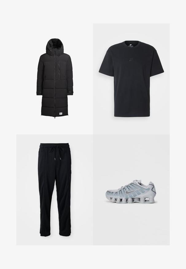 khujo SIRAM - Geacă - schwarz; Tricou din bumbac negru Nike, cu guler rotund clasic, mâneci scurte și un logo subtil embosat pe piept. Textură netedă.; Pantaloni casual negri cu șnur la talie, cu buzunare laterale și croială dreaptă, pe un fundal simplu.; Adidași Nike de culoare gri deschis, cu un exterior texturat, detalii din plasă și o talpă unică cu un sistem de amortizare ce include mai multe capsule rotunde.