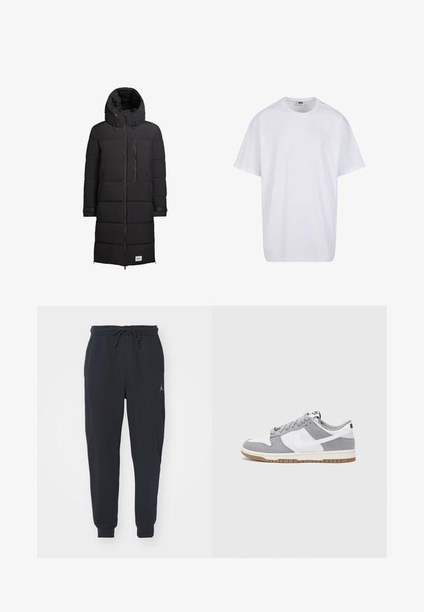 khujo SIRAM - Vinterkappa /-rock - schwarz; Vit bomull t-shirt med korta ärmar, rundad halsringning, avslappnad passform och utan synliga logotyper eller mönster. Slät textur och minimal design.; Svarta joggarbyxor av mjukt material, med elastisk midja samt snörning, ribbade muddarna och en liten logotyp på vänster lår.; Grå och vit sneakers med överdel i mocka och läder, rund tå, platta snören och en gummisula med ett accent i gummi.