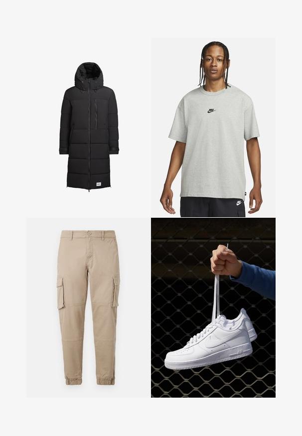 khujo SIRAM - Talvemantel - schwarz; Noor, kellel on punutud juuksed, kannab heledat halli Nike T-särki ja musti Nike lühikesi pükse,neutraalset valget tausta vastu.; Beežid cargo-püksid kergest puuvillaste materjalist. Omab elastseid varrukatükke, mitmeid külgpocket'ite ja nööbiga sulgemist.; Valged nahast tennisetossud, millel on perforatsioonid, ümar nina, lame tallus ja paksud nöörid, nähtava swooshi logoga ja "AIR" kontsadel.