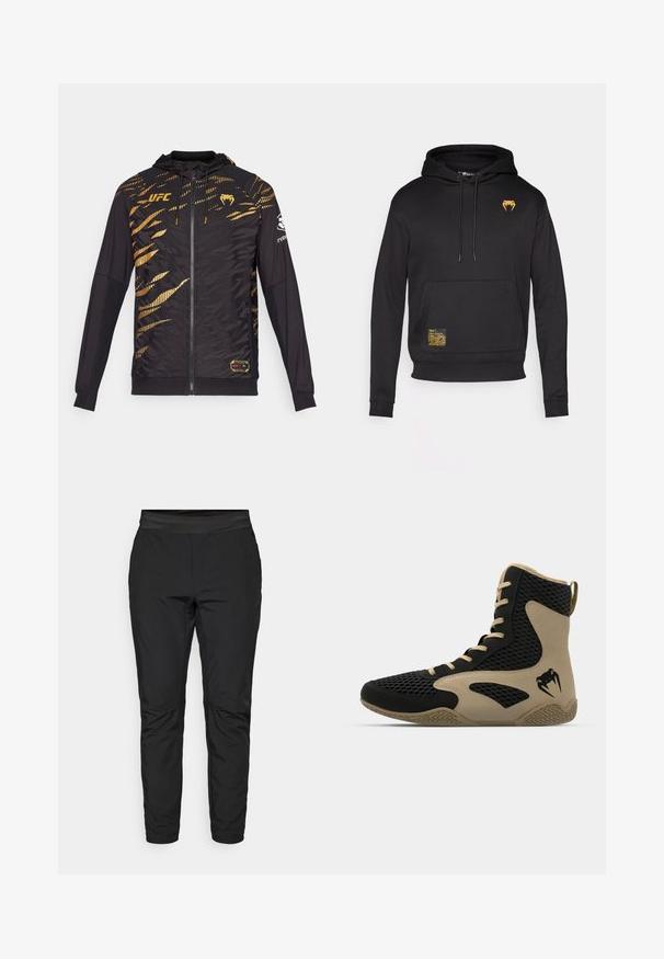 Čierna mikina na zips s zlatými akcentmi, s textúrovaným vzorom, klokankovou kapsou, nastaviteľnou kapucňou a logom UFC na hrudi.; Čierna mikina s kapucňou vyrobená z mäkkej látky, s prednou vreckom, nastaviteľnou kapucňou a zlatým logo na hrudi so štruktúrovaným žltým štítkom.; Čierne legíny s priliehavým strihom, elastickým pásom a vreckami na zips. Hladká textúra s mierne lesklým povrchom.; Vysoké športové topánky s čiernou sieťovinou a béžovými akcentmi. Štruktúrovaná gumová podrážka a detail loga na boku.
