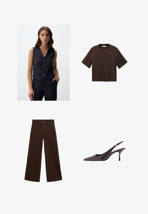 Marineblauw gestreepte gilet met een V-halslijn, een sluiting met vijf knopen aan de voorkant en een getailleerd ontwerp. Klepzakken aan elke kant. Glad textuur.; Bruine T-shirt met korte mouwen, gemaakt van zachte katoen. Heeft een ronde halslijn en een recht model, met een gladde textuur en geen zichtbare patronen.; Bruine wijde broek in katoenmix, met een rafelige zoom, sluiting met een knoop aan de voorkant en een klassieke vijf-pocketstijl. Minimalistisch en veelzijdig.; Puntige slingback hakken in donkerbruin lakleer, met een slanke hoge hak en een verstelbare enkelband met een gesp.
